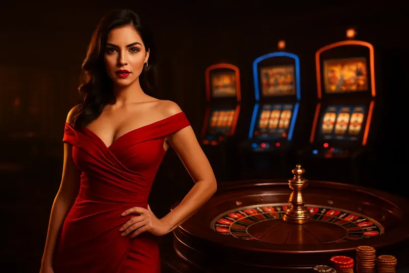 Elegant woman in red dress posing near roulette and slot machines with neon lights, gold coins, and poker chips in a luxury casino atmosphere