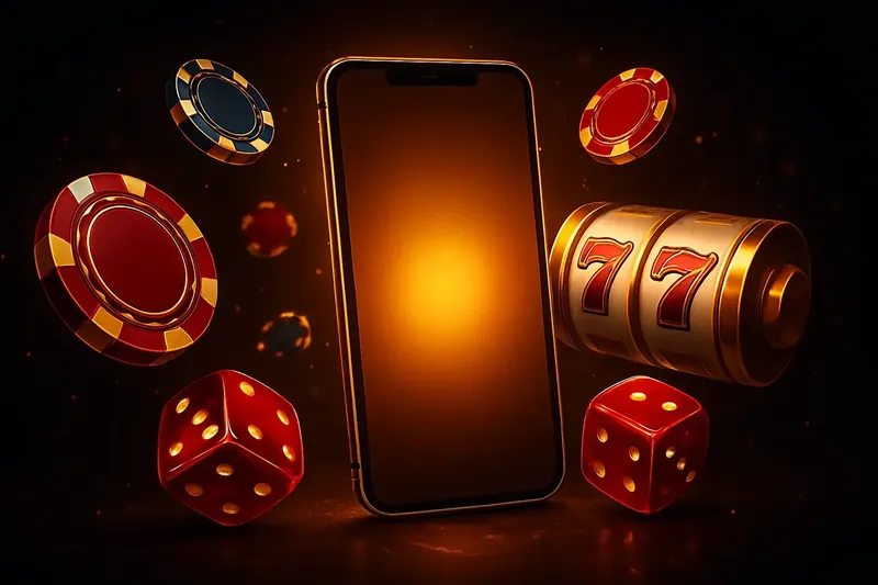 Glowing smartphone surrounded by casino chips, slot reels, and dice with gold accents